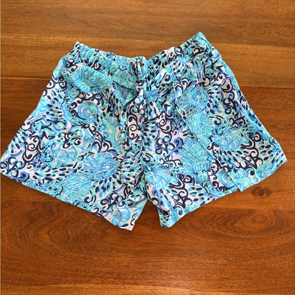 Lilly Pulitzer Aqua & Navy Print High-Waist tie waist Shorts